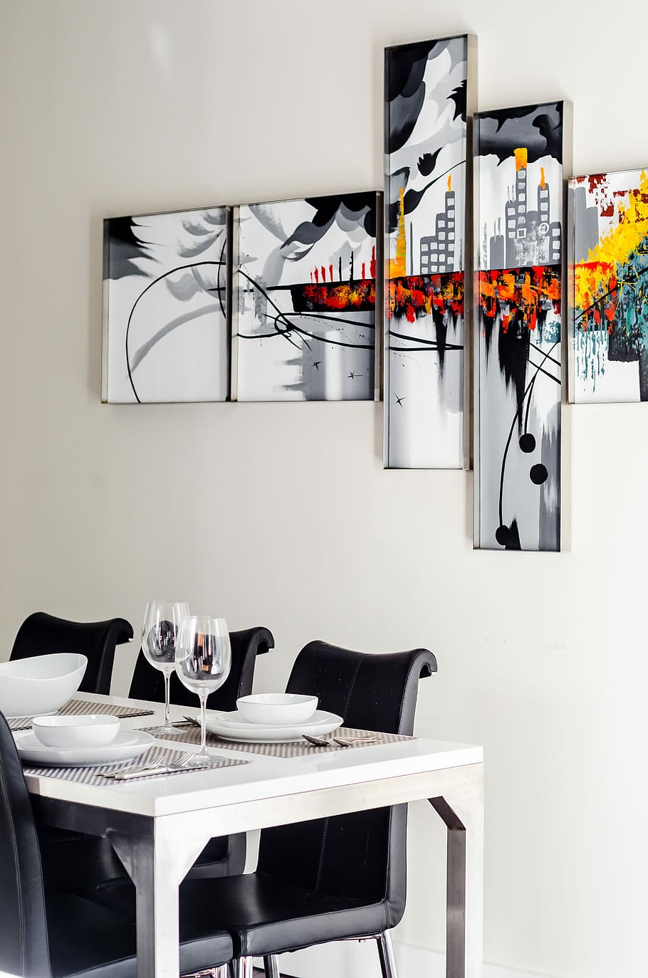 two clear wine glasses on white wooden dining table, abstract painting near dining table HD wallpaper