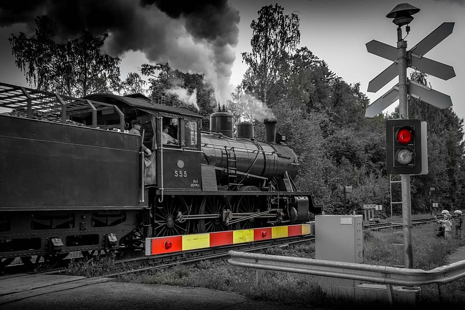 steam train, black and white, rail transportation, track, railroad track HD wallpaper