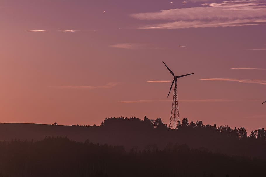 silhouette photography of trees near windmill, windmill on top of the mountain HD wallpaper
