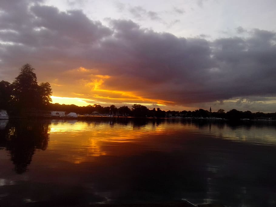 sun, setting, zeuthen, lake, cloud - sky, water, tranquility HD wallpaper
