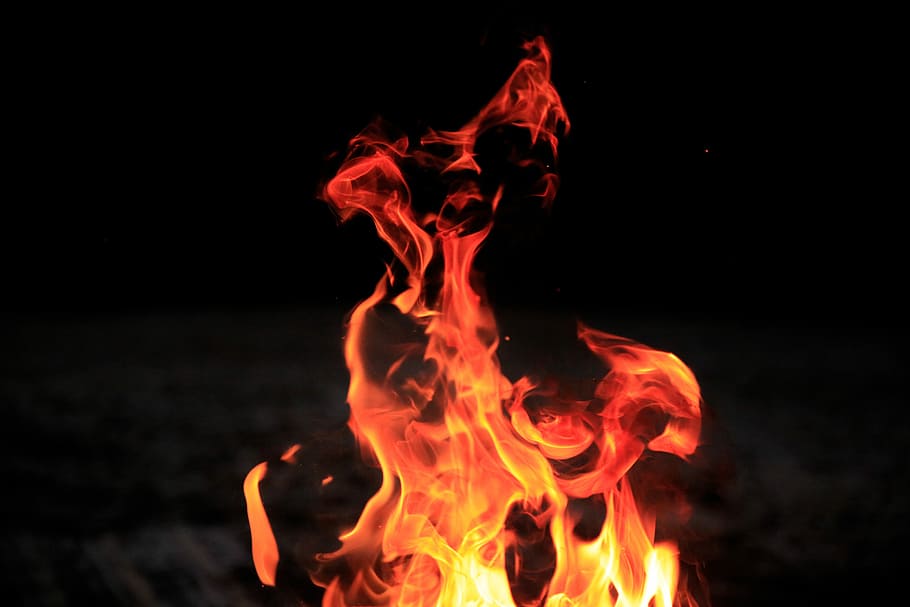 fire burning, bonfire surrounded by darkness, flame, orange, night HD wallpaper