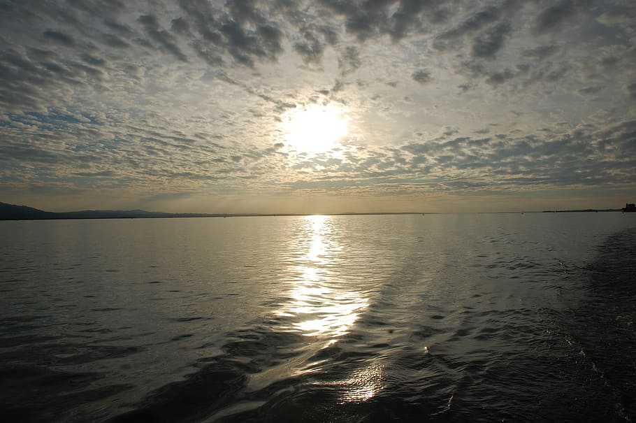 water, lake constance, clouds, sun, evening, sky, sunset, germany HD wallpaper