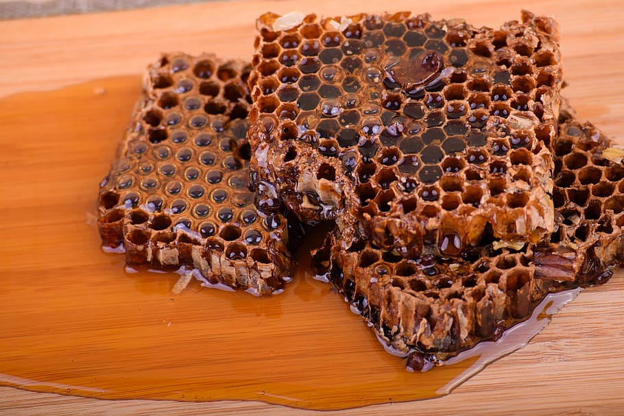 honey, honeycomb, food, healthy, organic, table, raw, wooden, HD wallpaper