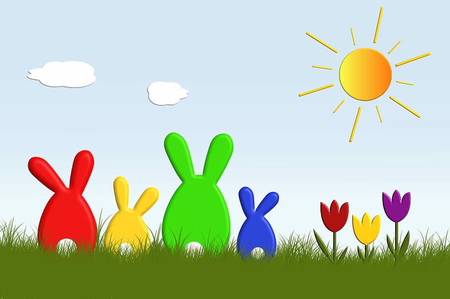 red, yellow, green, and blue rabbits painting, hare, easter bunny HD wallpaper