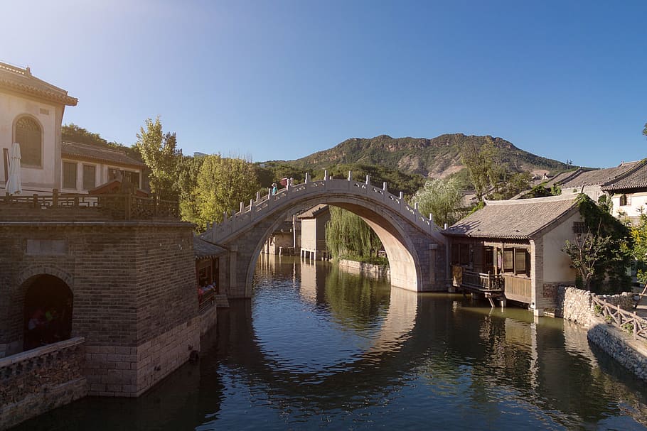 concrete bridge under blue sky, water, river, web, nature, bach HD wallpaper