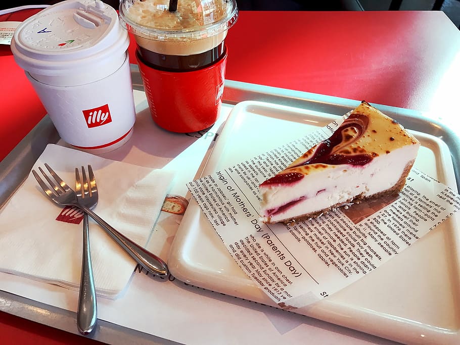 coffee, cake, red, food and drink, freshness, still life, ready-to-eat HD wallpaper