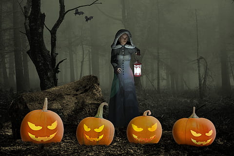 woman in white dress standing near four orange pumpkins, halloweenkuerbis HD wallpaper