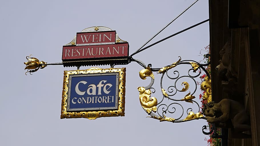 Wein Restaurant Cafe Conditorei signage during daytime, shield HD wallpaper