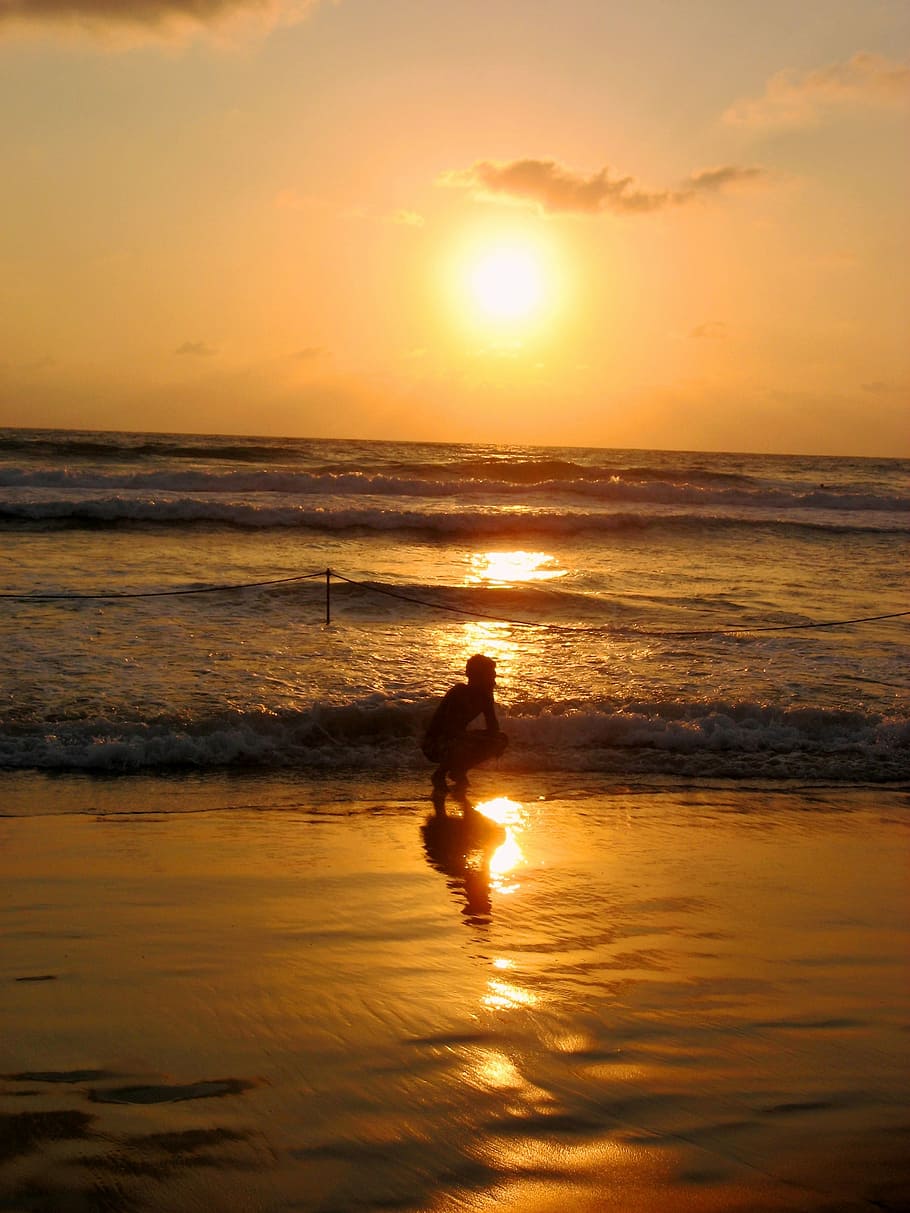 Boy, Sea, Sunset, silhouette, beach, reflection, sky, water HD wallpaper