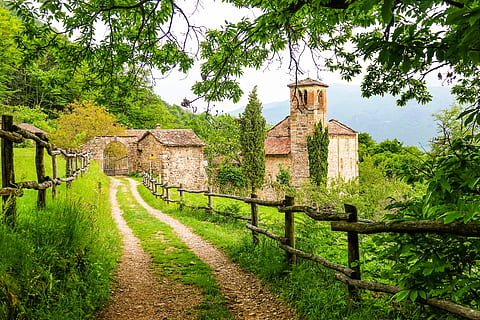 trail between wooden fence, fairy, tail, castle, path, green HD wallpaper