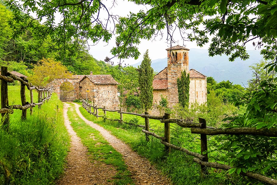 trail between wooden fence, fairy, tail, castle, path, green HD wallpaper