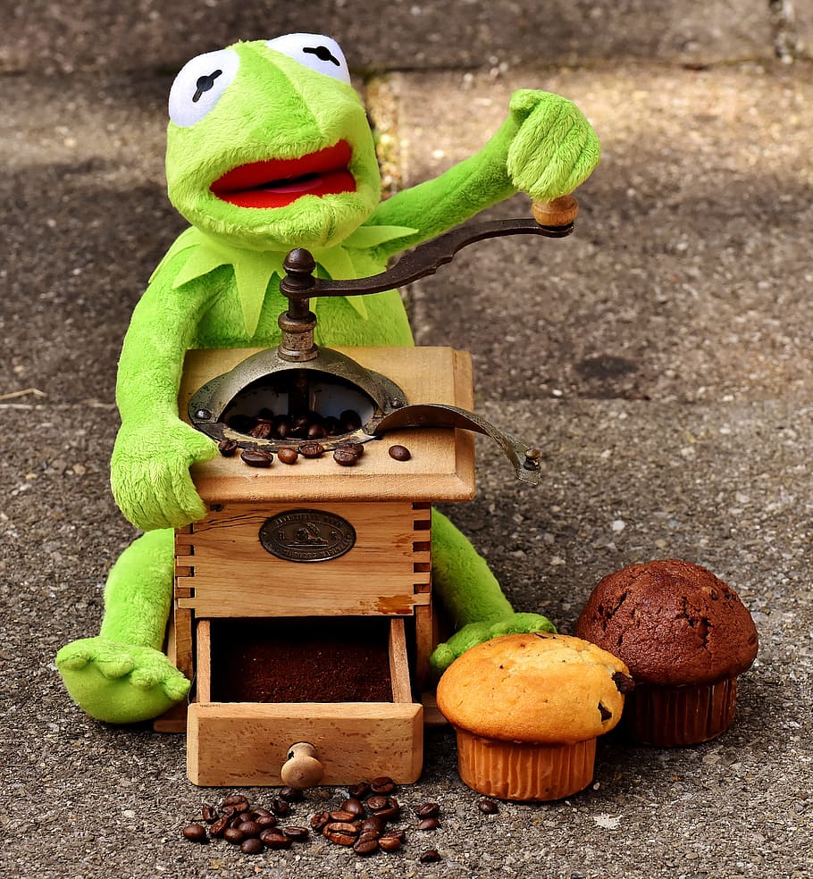 Kermit the Frog plush toy with coffee grinder, coffee beans HD wallpaper