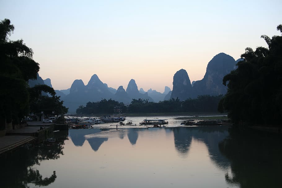 xingping, the li river, mountain, water, sky, reflection, sunset