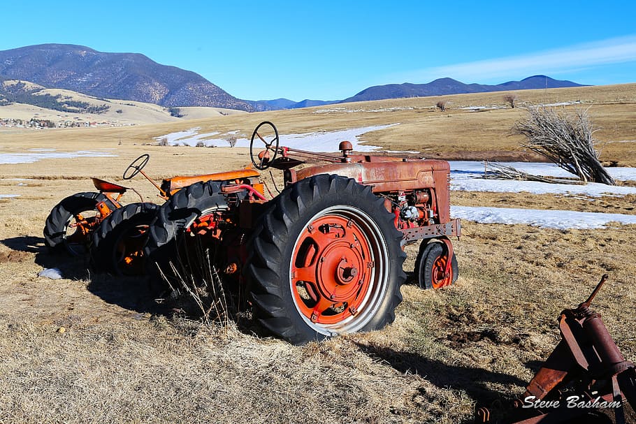 tractor, snow, blue sky, land, transportation, mountain, landscape HD wallpaper