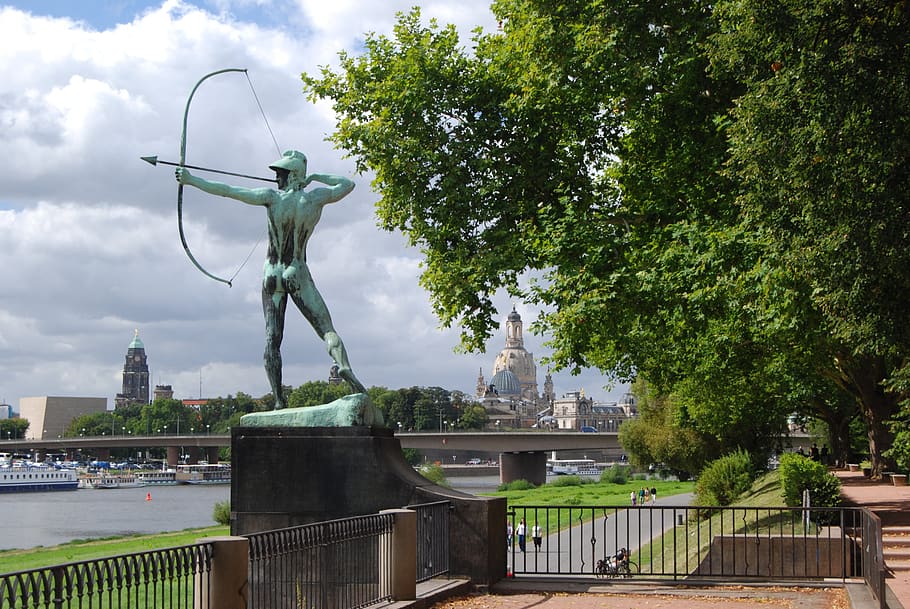 tree, architecture, park, summer, waters, elbe, dresden, sculpture HD wallpaper