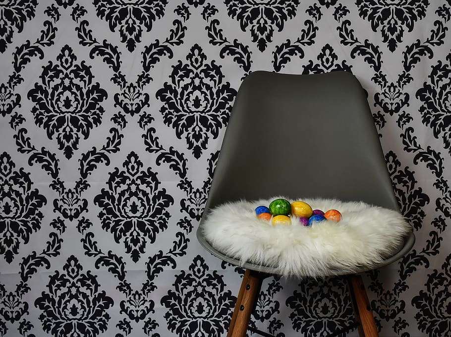 assorted egg decors on gray chair, easter, easter nest, colorful eggs HD wallpaper