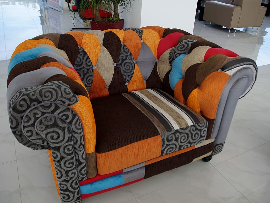 fabric sofa on floor, Colored, Chair, Couch, convenient, comfortable HD wallpaper