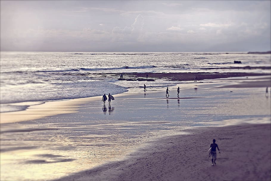 bali, echo beach, surfers, sea, land, water, real people, sky HD wallpaper