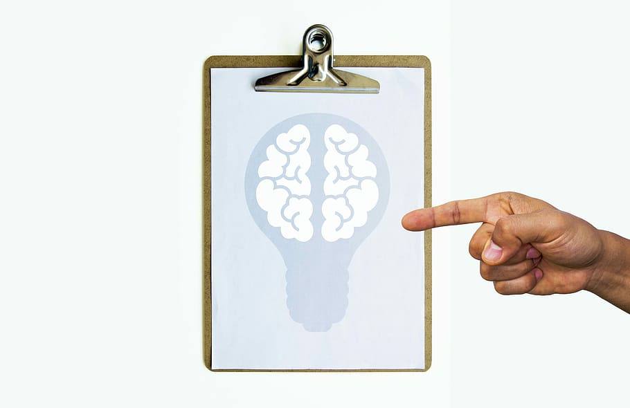 person's hand pointing on white brain illustration, idea, analysis HD wallpaper