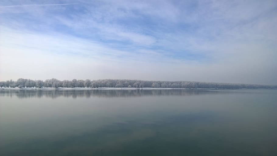 river, danube, landscape, day, winter, clouds, ship, sky, silence HD wallpaper