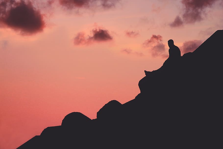 mountain, dark, sky, clouds, sunset, people, sitting, alone HD wallpaper