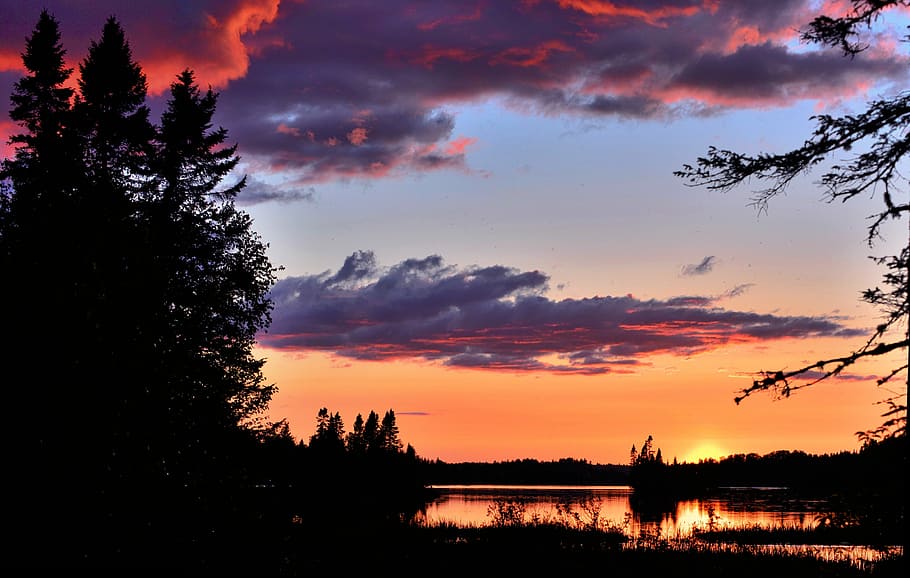 Sunset, Clouds, Orange, Twilight, sky, trees, nature, lake HD wallpaper
