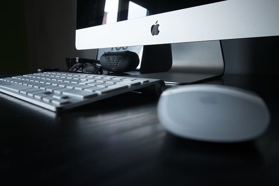 silver iMac and keyboard, apple, black, business, desk, modern