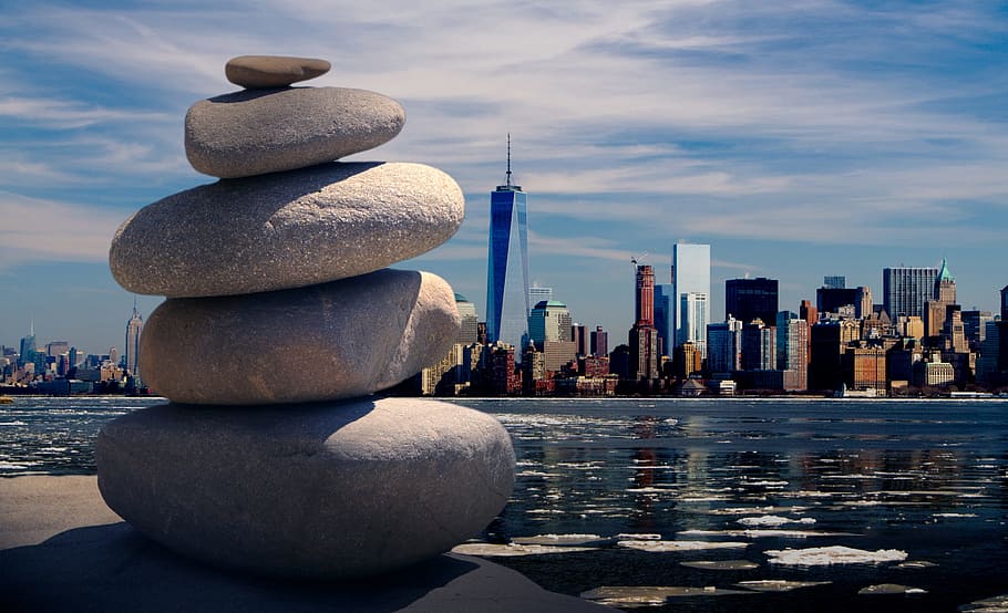 pile of stone near body of water with One World Trade Center building on background under cloudy sky at daytime, HD wallpaper
