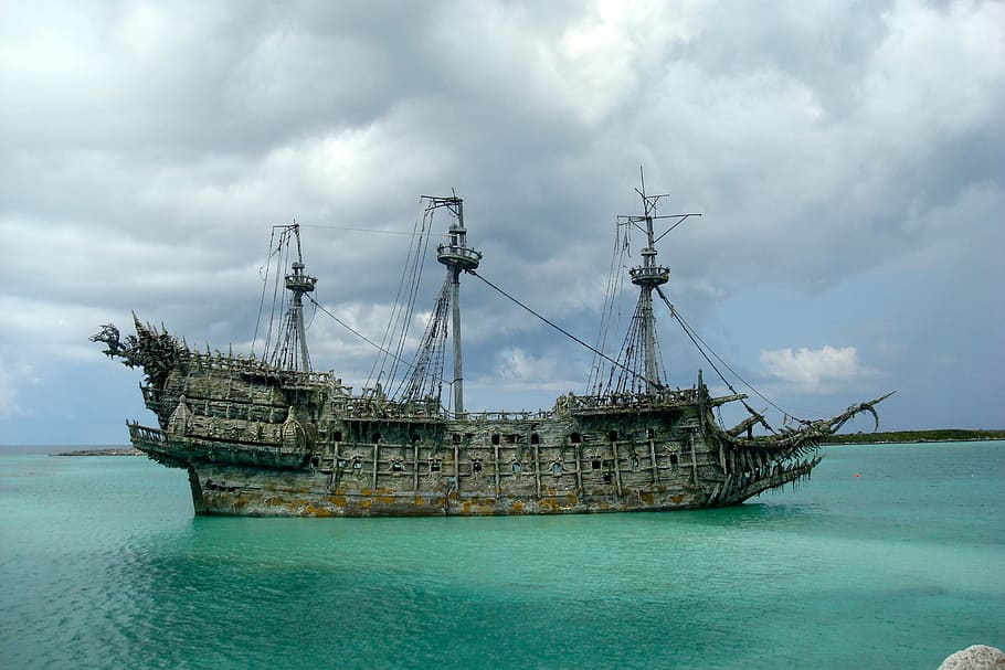 gray ship on body of water, pirate, disney, black pearl, caribbean