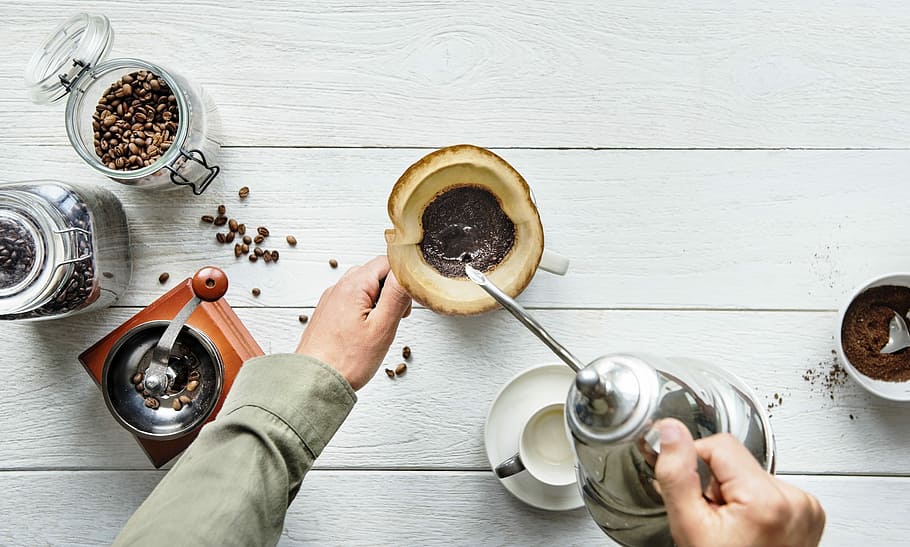 person holding teapot pouring on mug, coffee, filter, beans HD wallpaper