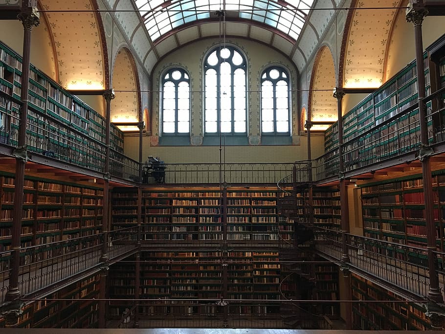 Place of wisdom, white and brown concrete structure, library HD wallpaper