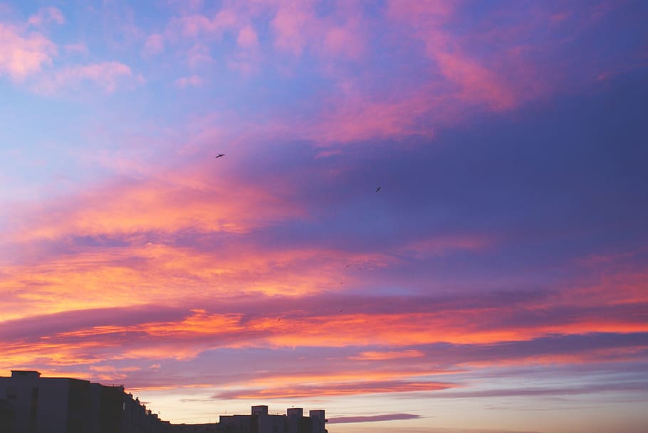 pink, purple, sunset, sky, clouds, cloud - sky, architecture, HD wallpaper