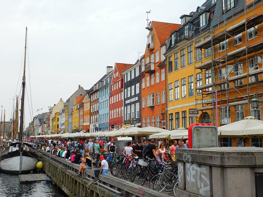 copenhagen, channel, navigation, building exterior, group of people HD wallpaper
