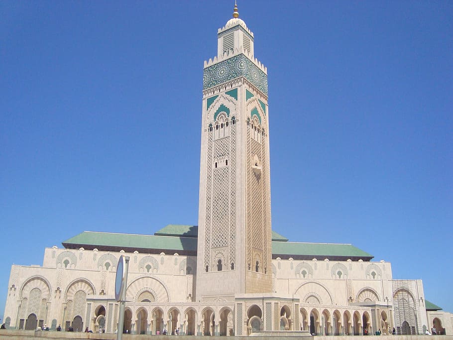 white concrete building, mosque, casablanca, morocco, africa