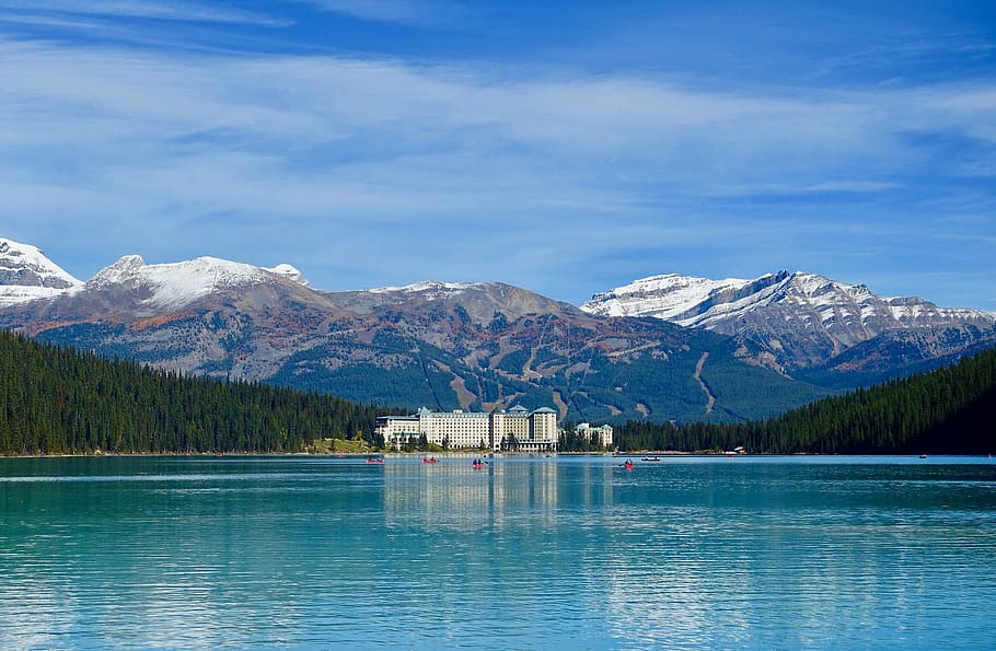 lake louise, canada, mountains, glacier, reflection, natural, HD wallpaper