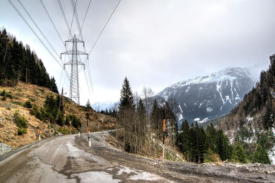 Austria, Mountains, Gerlos, Cold, Winter, power lines, asphalt HD wallpaper
