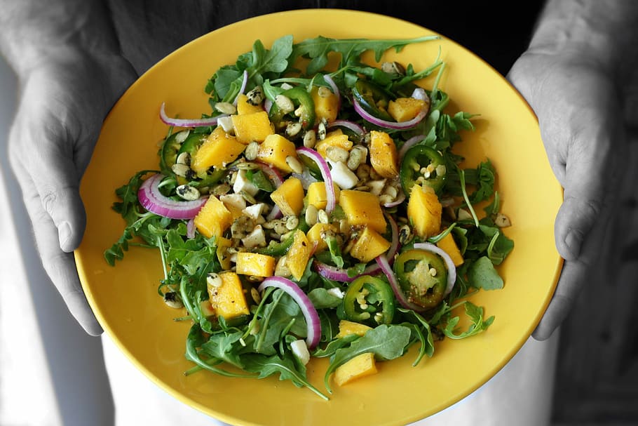 Mango, Salad, Hands, Holding, Arugula, mango salad, hands holding HD wallpaper