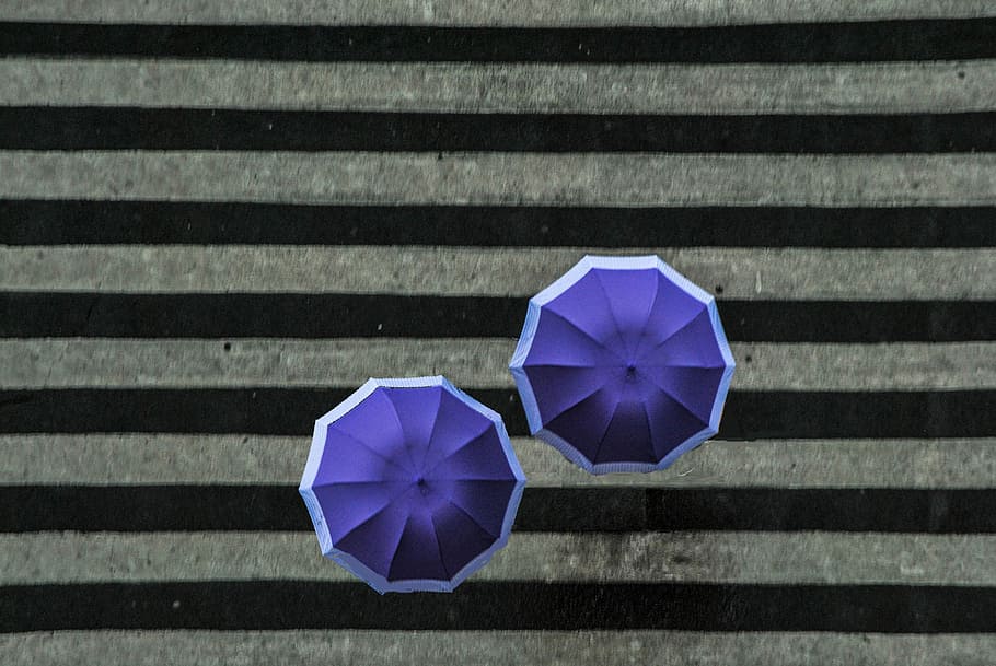 high angle photography of two blue umbrellas, rain, minimalism HD wallpaper