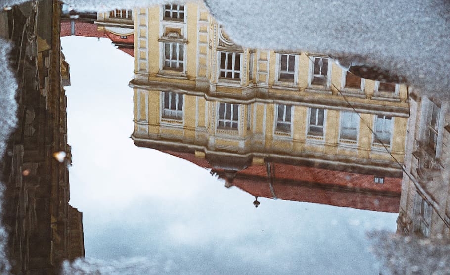 yellow painted building, upsidedown photo of house, puddle, reflection HD wallpaper