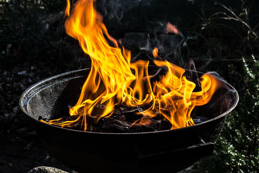 fire on black bucket, flame, barbecue, hot, burn, burning, fire - natural phenomenon HD wallpaper