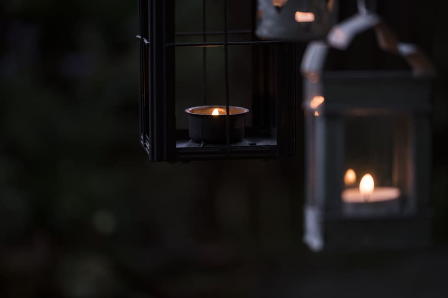 tea lights, candles, lanterns, dark, night, illuminated, flame HD wallpaper