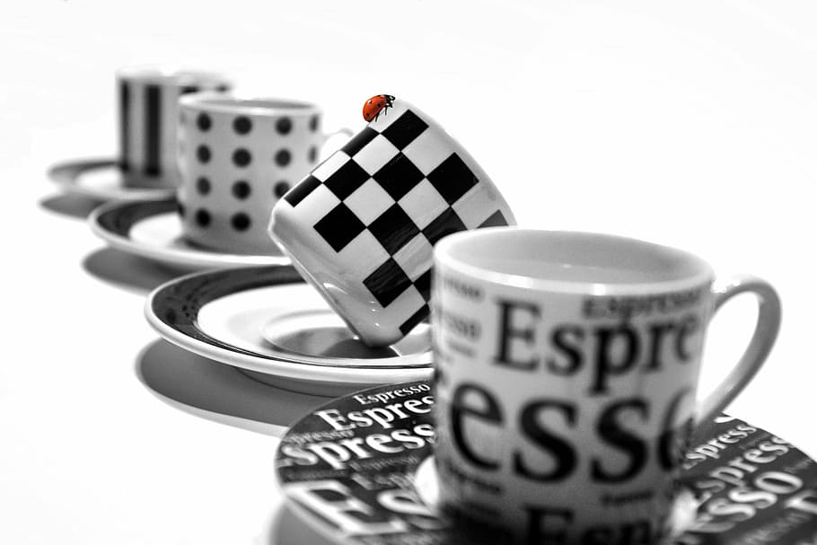 selective focus photography of white and black checked ceramic teacup on saucer HD wallpaper