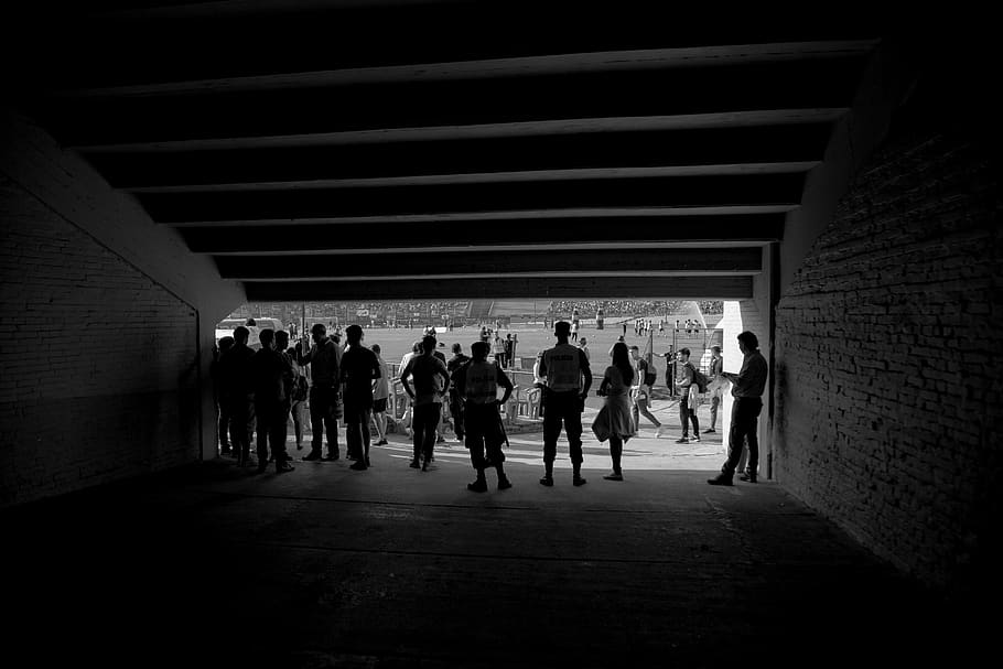 people, input, tunnel, stadium, black and white, human figures, HD wallpaper