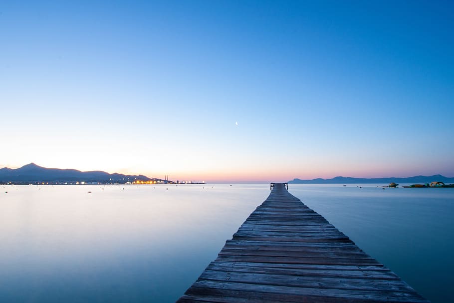 gray wooden dock on body of water, mallorca, island, spain HD wallpaper