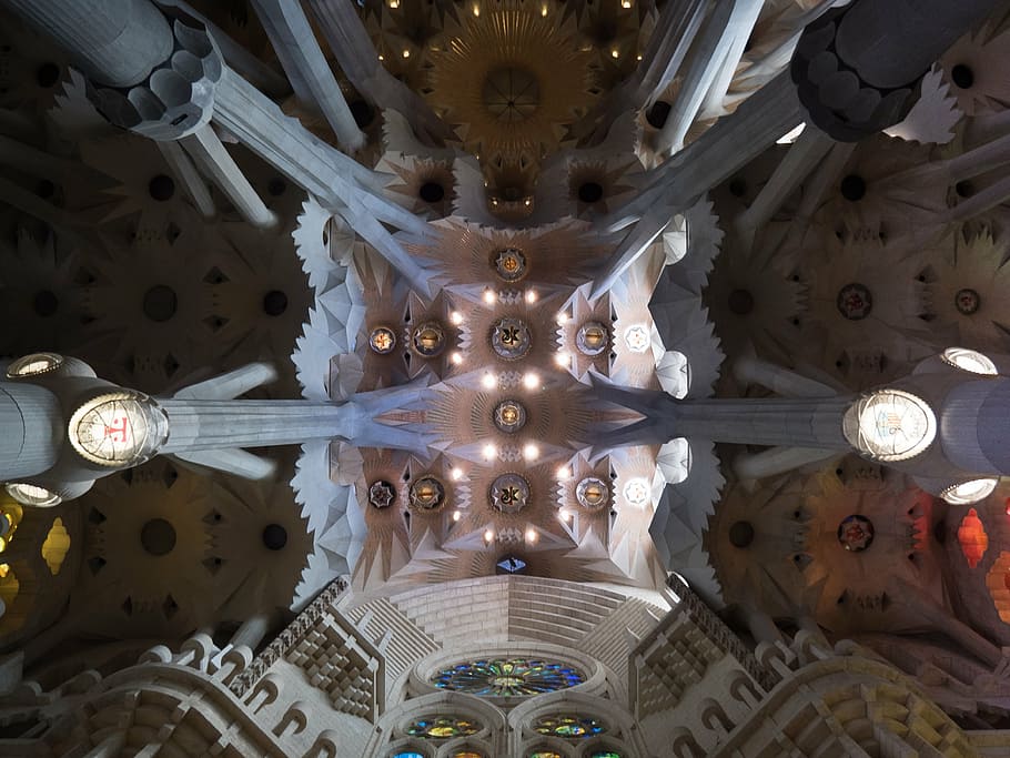 low angle photography of ceiling, cathedral, sagrada família, HD wallpaper