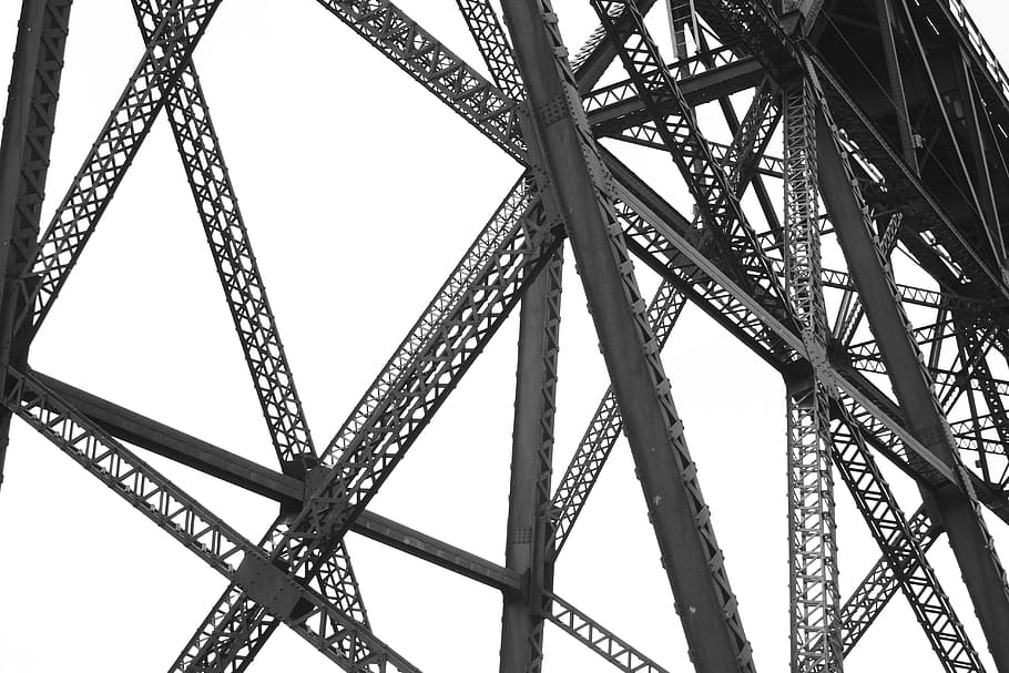 low-angle photo of gray metal structure, beams, engineering, mechanical, HD wallpaper