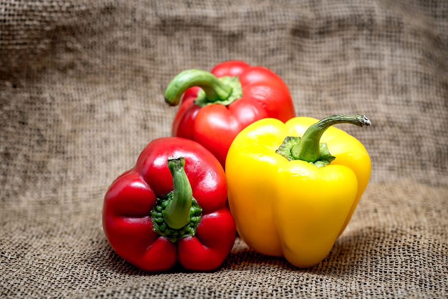 three red and yellow bell peppers, coloured, different, food HD wallpaper