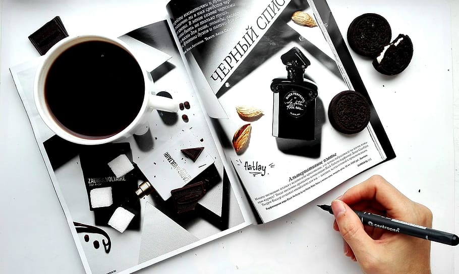 HD wallpaper: person holding black pen near magazine, gloss, coffee ...