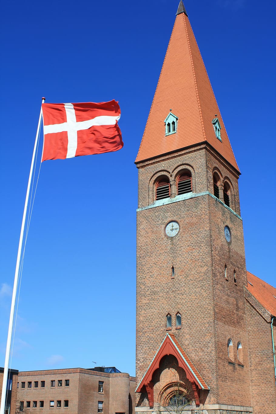 denmark, flag, church, wind, architecture, tower, building exterior, HD wallpaper
