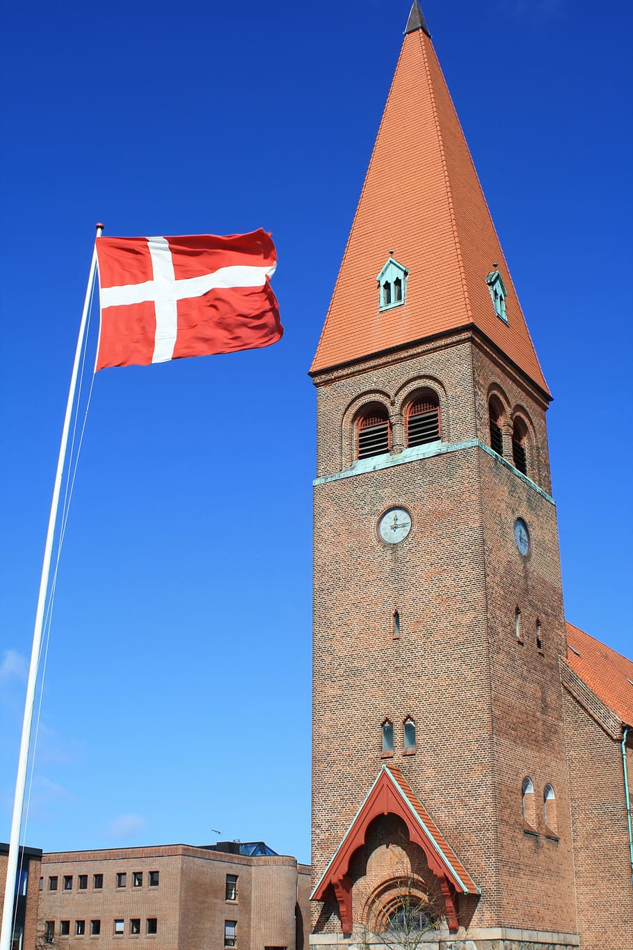 denmark, flag, church, wind, architecture, tower, building exterior HD wallpaper